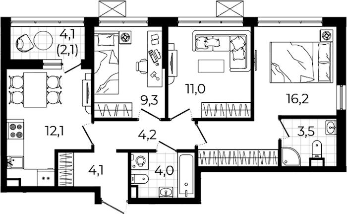 3-комнатная квартира 66.5 м², 8/12 эт., ЖК «А101 Всеволожск»